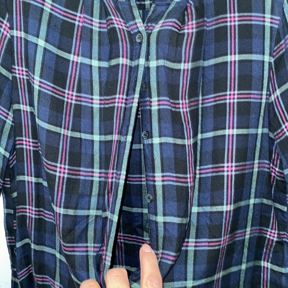 Lucky Brand Blue Plaid Tunic W/ Peplum Back, Popover Button Long Sleeve blouse - Picture 4 of 7